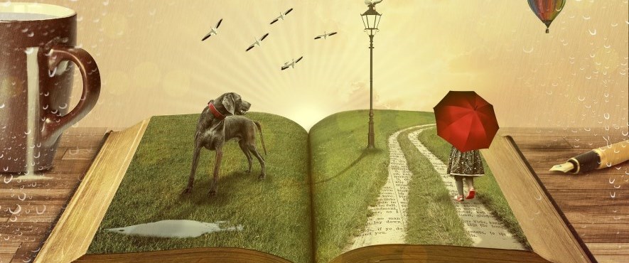 illustrated image of dog on a book with girl walking on a book carrying an umbrella