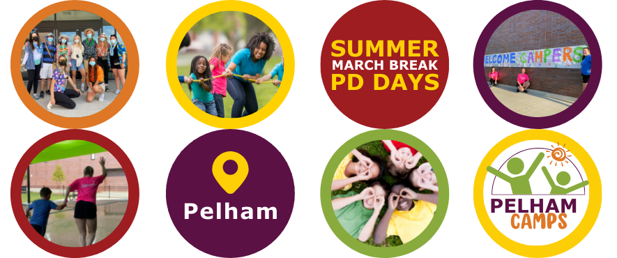 Eight coloured circles with image of child playing in water, group of children making silly faces, camp staff smiling in bright coloured shirts. Text of Summer, March Break and PD Day Camps located in pelham. 