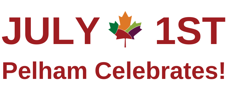 Text reading July 1st Pelham Celebrates with image of a maple leaf
