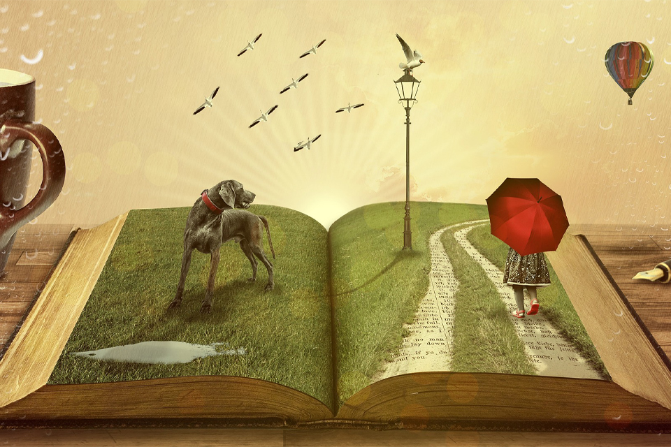animated animal and girl walking on book