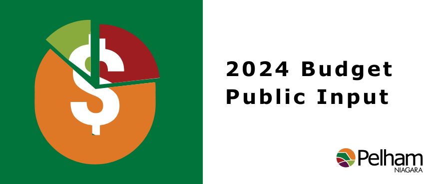 2024 Budget Public Meeting with dollar sign showing three segment areas of a pie chart