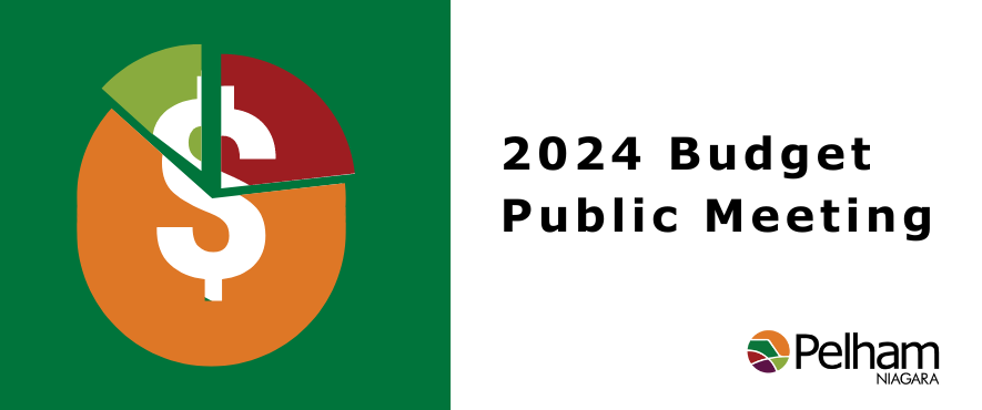 2024 Budget Public Meeting with dollar sign showing three segment areas of a pie chart