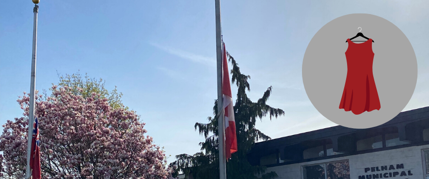 Flags at half mast with graphic of a red dress 