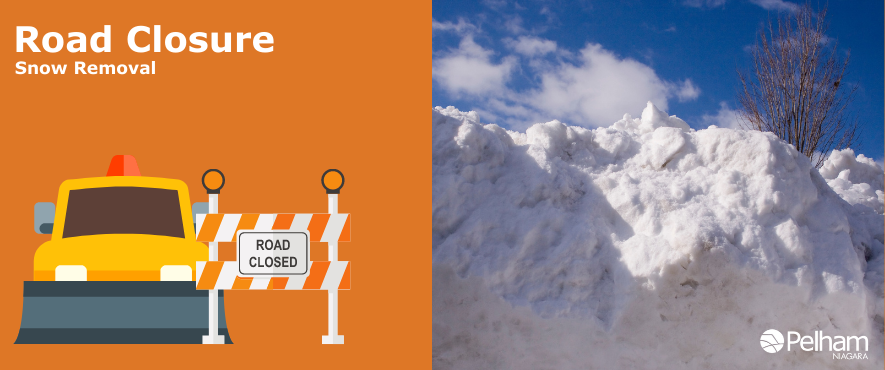 Snow pile with graphic of a snow plow and road closed sign, text reads Road Closure due to snow removal