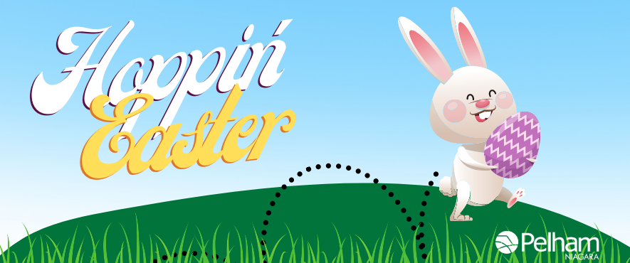 graphic image of easter bunny hopping on a grass surface with text hoppin' easter above