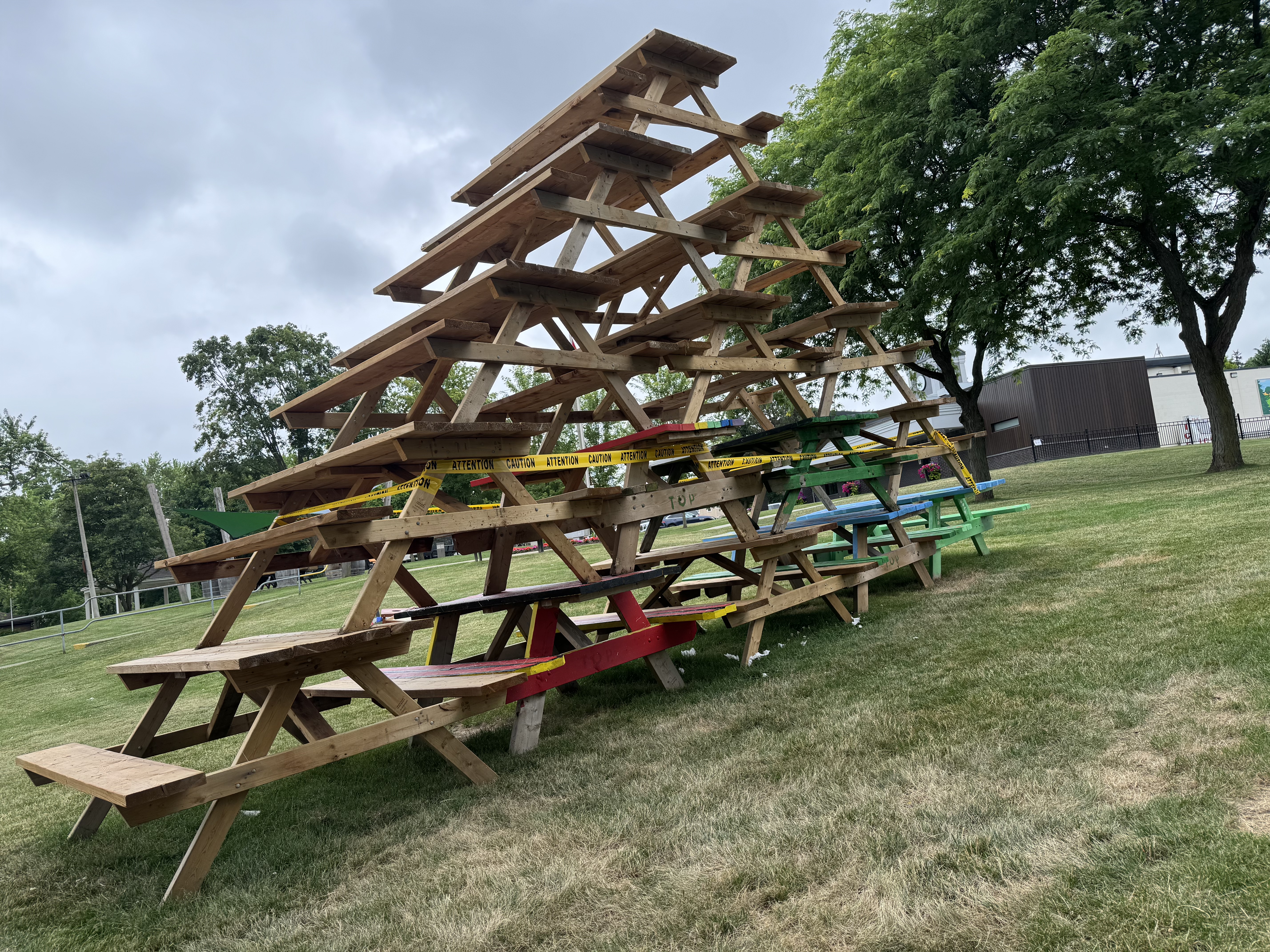 Stacked Picnic Tables in Peace Park
